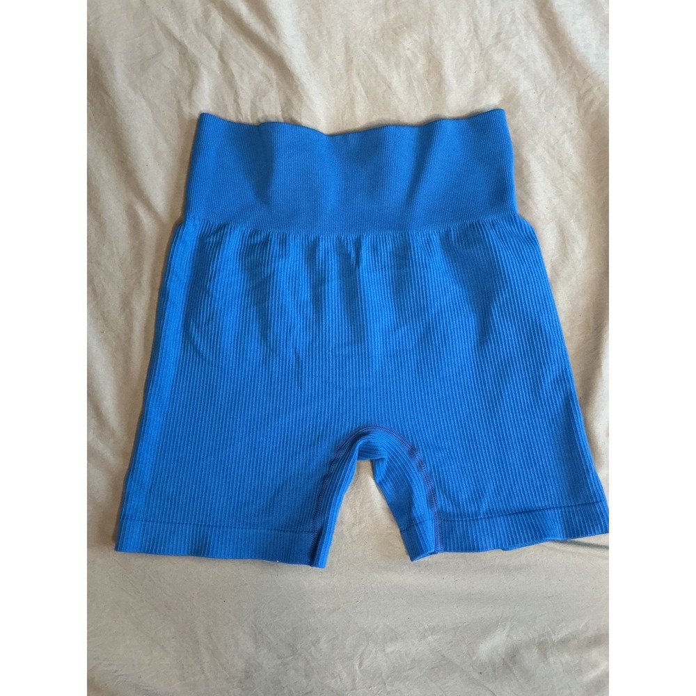 Blue Ribbed Seamless High Waisted Biker Shorts Women Medium Athletic Gym Yoga - Picture 2 of 3